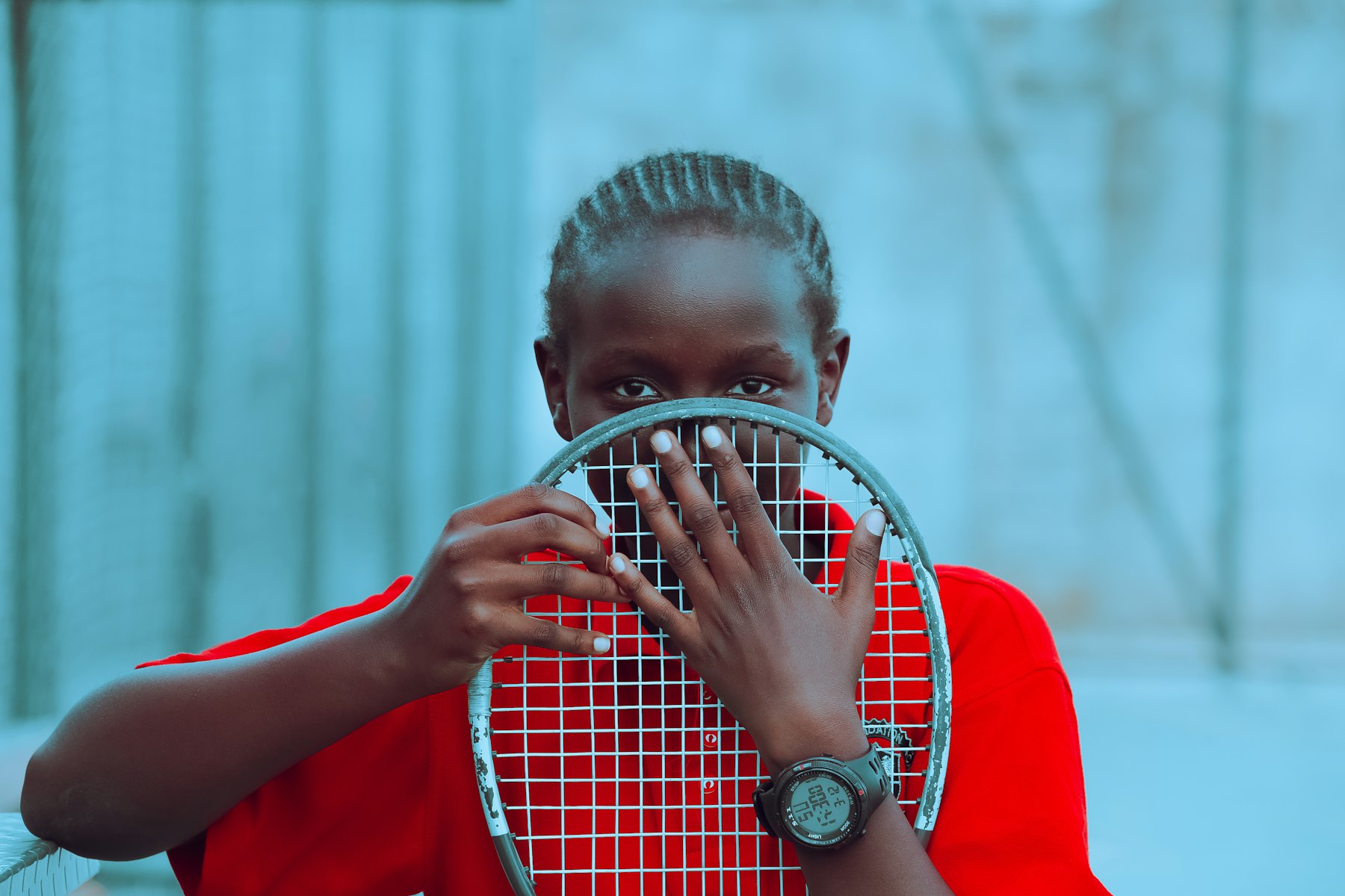Tennis player with racquet